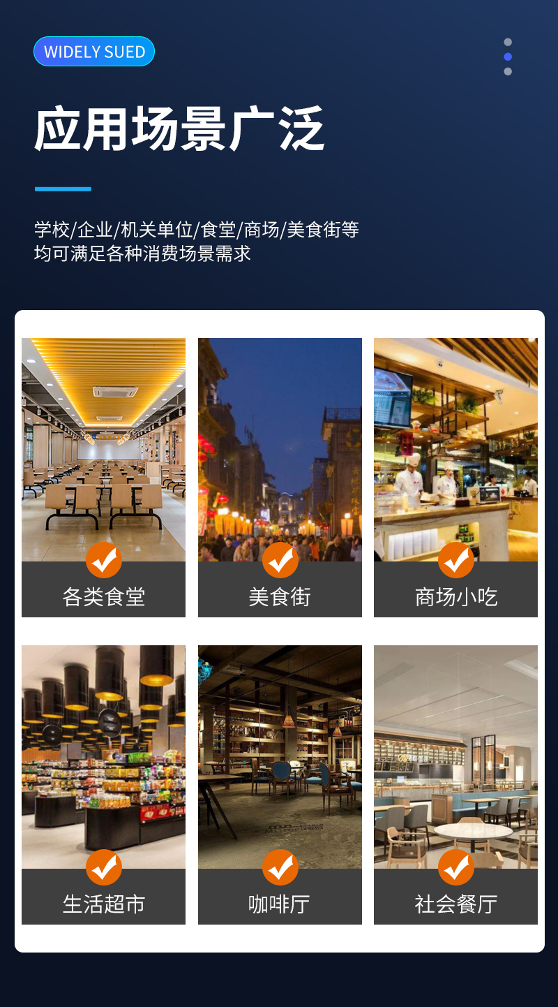 應用場景廣泛,學校、企業、機關單位、食堂、商場、美食街等,均可滿足各類消費場景需求 應用場景廣泛,學校、企業、機關單位、食堂、商場、美食街等,均可滿足各類消費場景需求