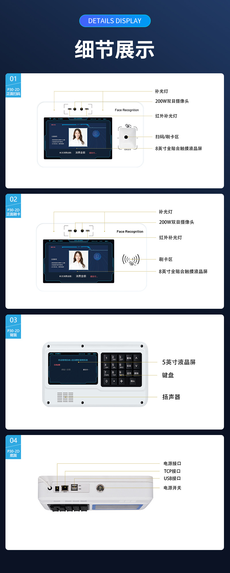 細節展示 正面、背面、底面 細節展示,正面、背面、底面,補光燈,200W雙目攝像頭,紅外補光燈,掃碼/刷卡區,8英寸全貼合觸控液晶屏,5英寸液晶屏,鍵盤,揚聲器,電源接口,TCP接口,USB接口,電源開關